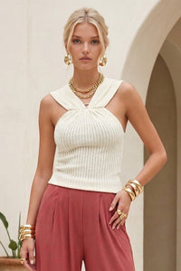 SHEER RIBBED LUXE HALTER DETAIL SLEEVELESS TOP W1567TIA