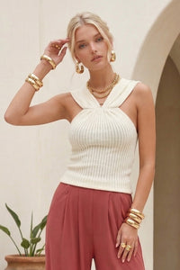 SHEER RIBBED LUXE HALTER DETAIL SLEEVELESS TOP W1567TIA