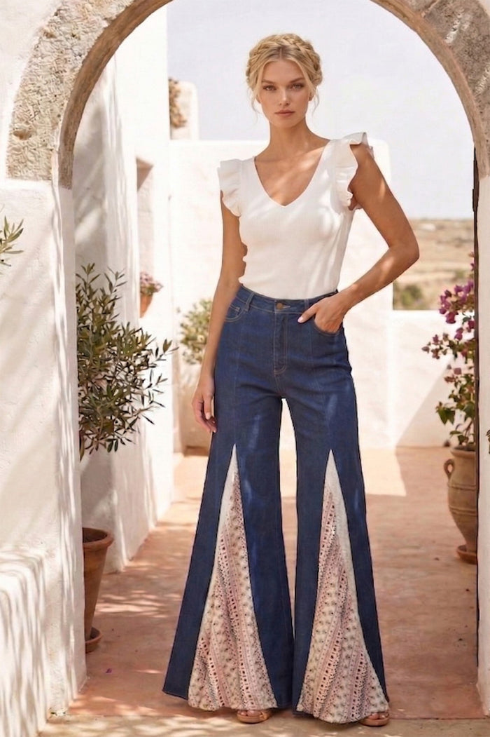 MIX MEDIA LACE DETAIL WIDE LEG JEANS W2481PIC
