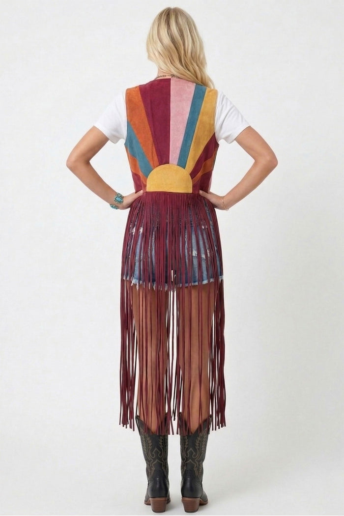 MAXI COLORBLOCK SUNRISE FAUX SUEDE VEST W6312JIB