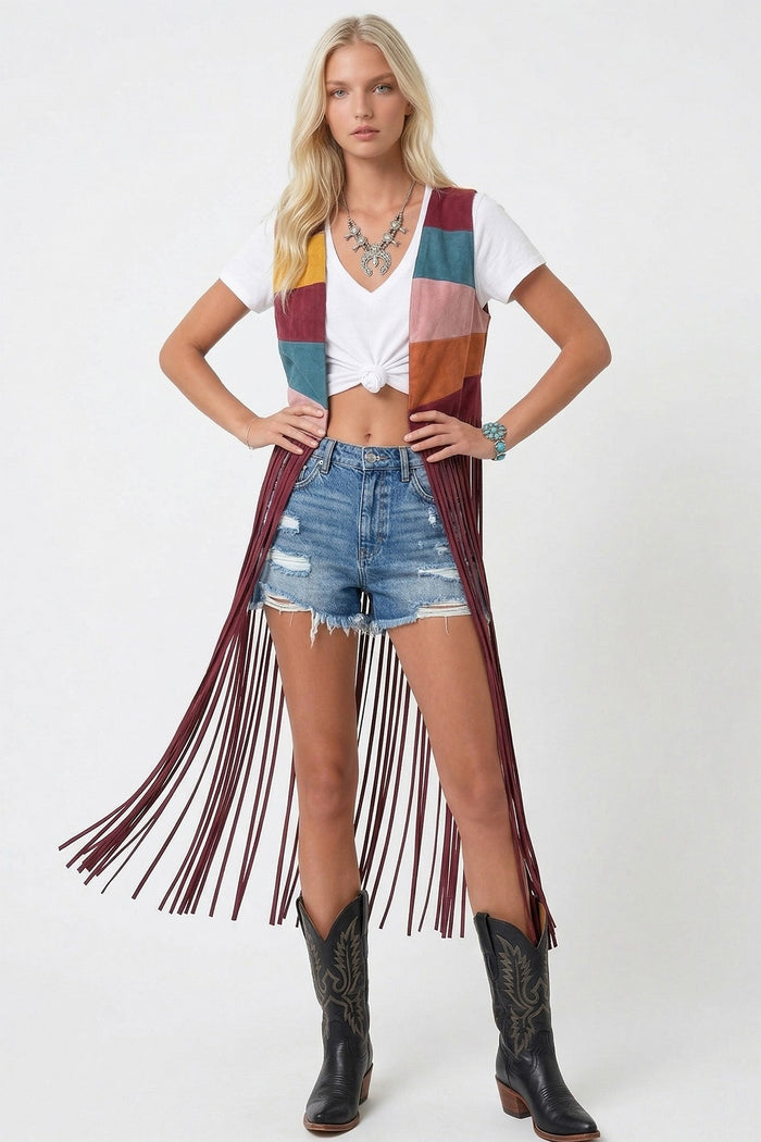 MAXI COLORBLOCK SUNRISE FAUX SUEDE VEST W6312JIB