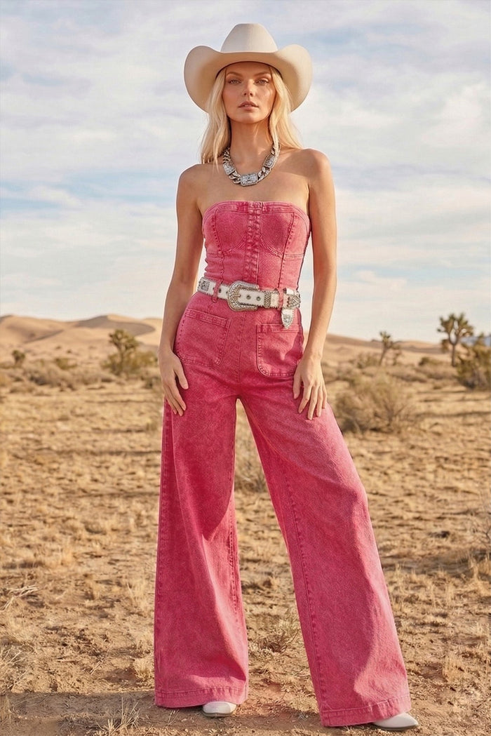 OFF SHOULDER WIDE LEG DENIM JUMPSUIT W4406RIB