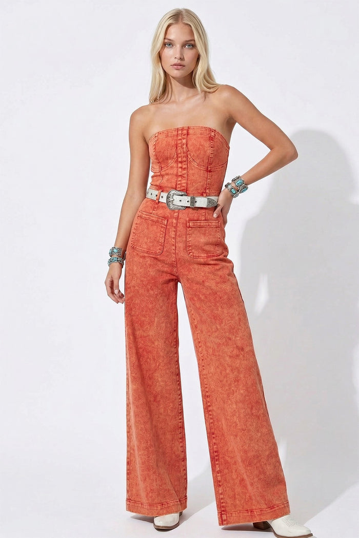 OFF SHOULDER WIDE LEG DENIM JUMPSUIT W4406RIB