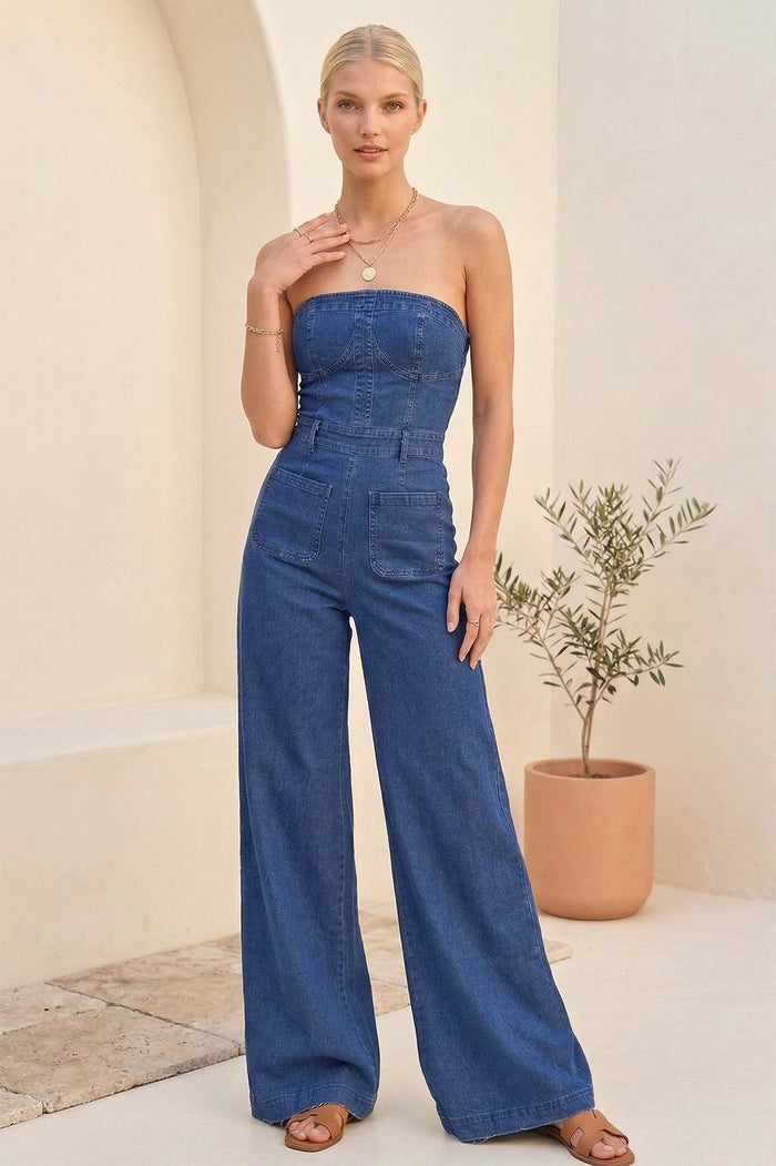 OFF SHOULDER WIDE LEG DENIM JUMPSUIT W4406RIA