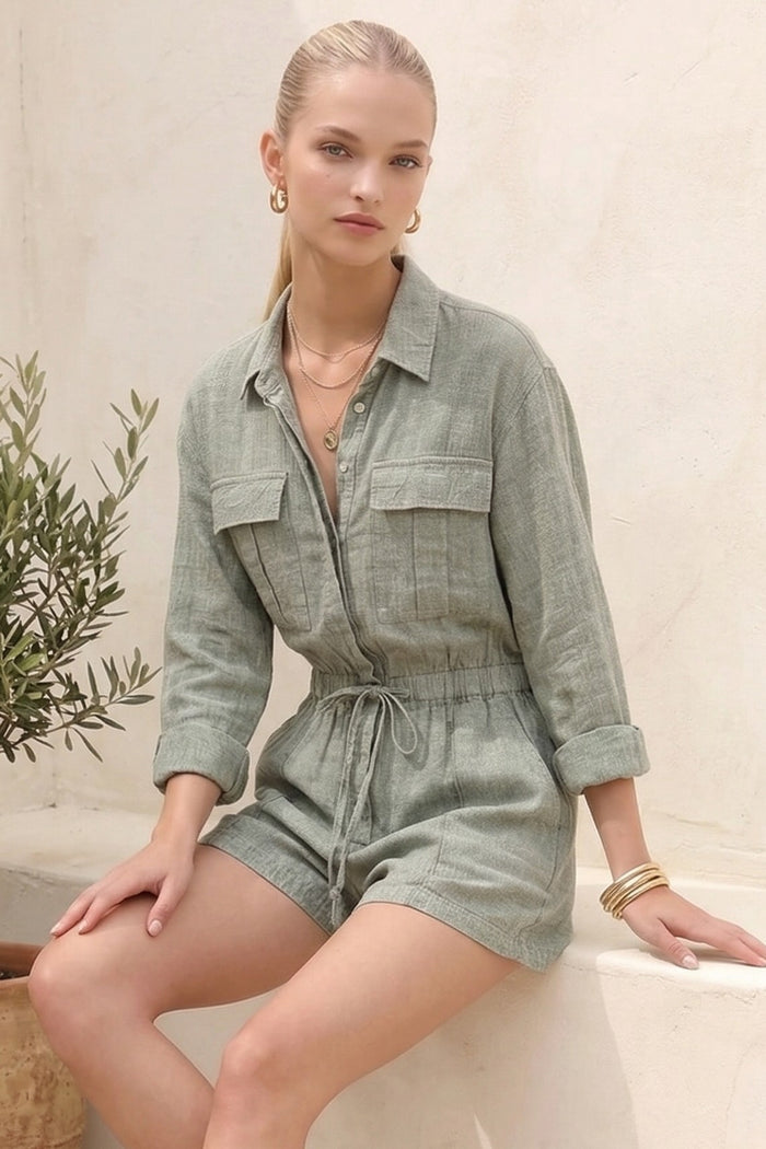 MINERAL WASH LINEN ROMPER WITH ELASTIC WAIST W4416RIA