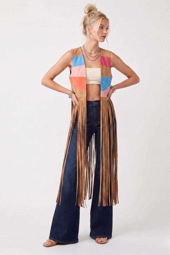 MAXI COLORBLOCK SUNRISE FAUX SUEDE VEST W6312JIB