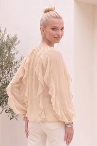 SHEER RUFFLED DETAIL BUTTON DOWN BLOUSE W1574TIA