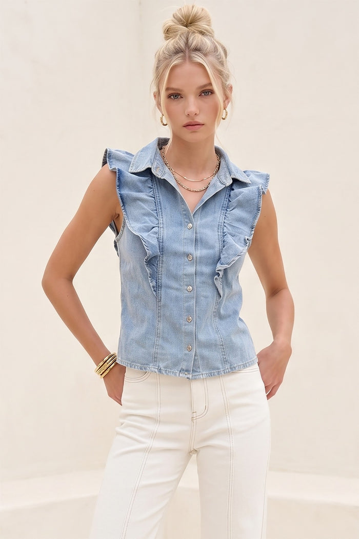RUFFLED SLEEVELESS DENIM BLOUSE W1600TIA