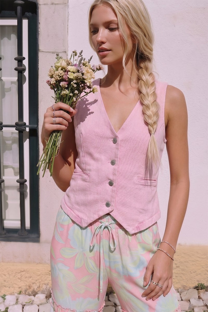 ACID WASHED BUTTON DOWN DENIM VEST WITH STRETCH W6318JIC