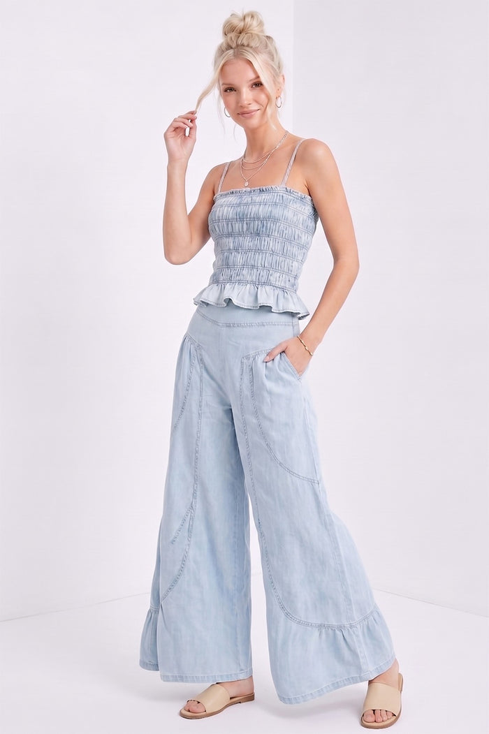 BOHO WIDE LEG DENIM TIERED PALAZZO PANTS W2433PIA
