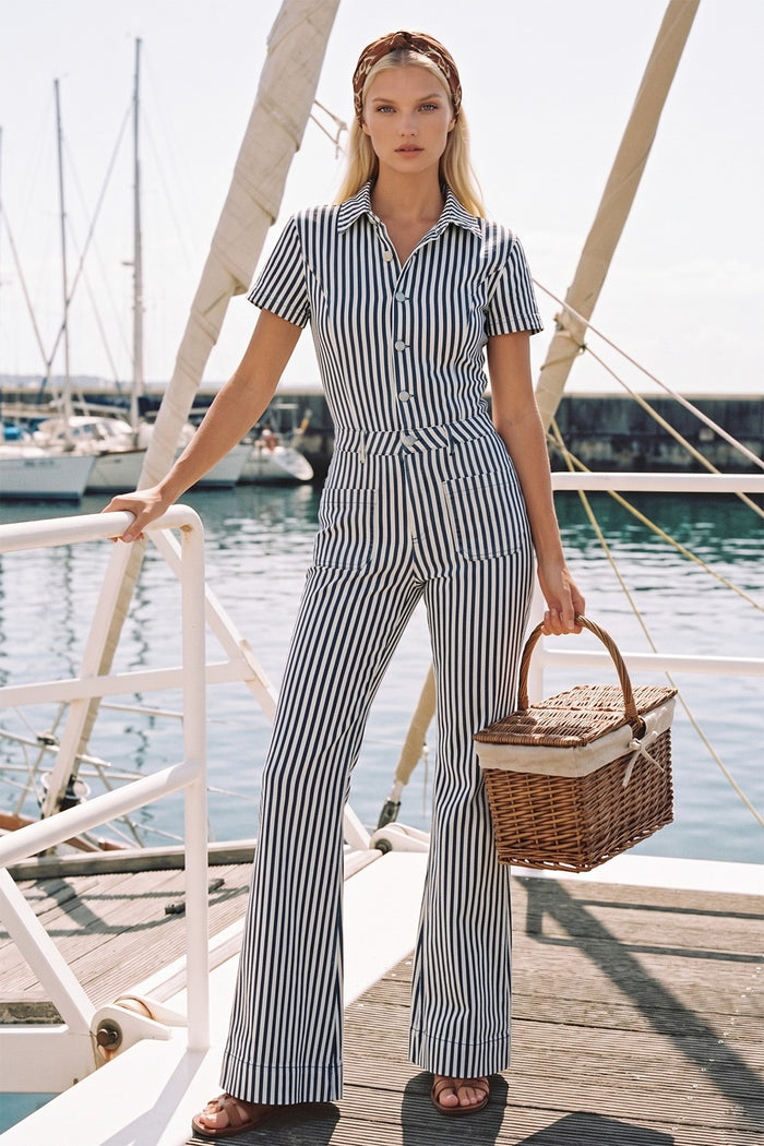 STRIPED DENIM FLARED JUMPSUIT-W4330RID