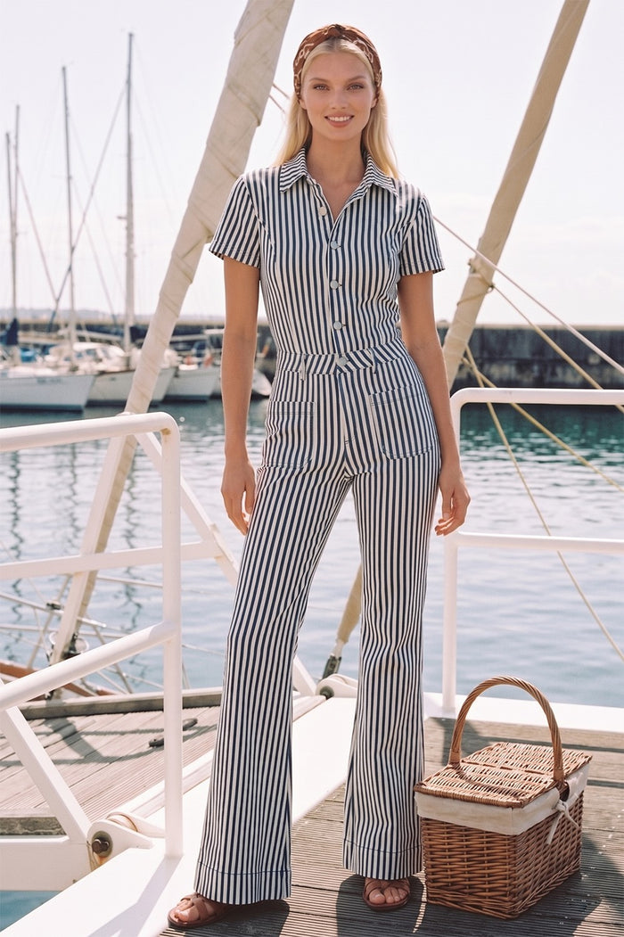 STRIPED DENIM FLARED JUMPSUIT-W4330RID