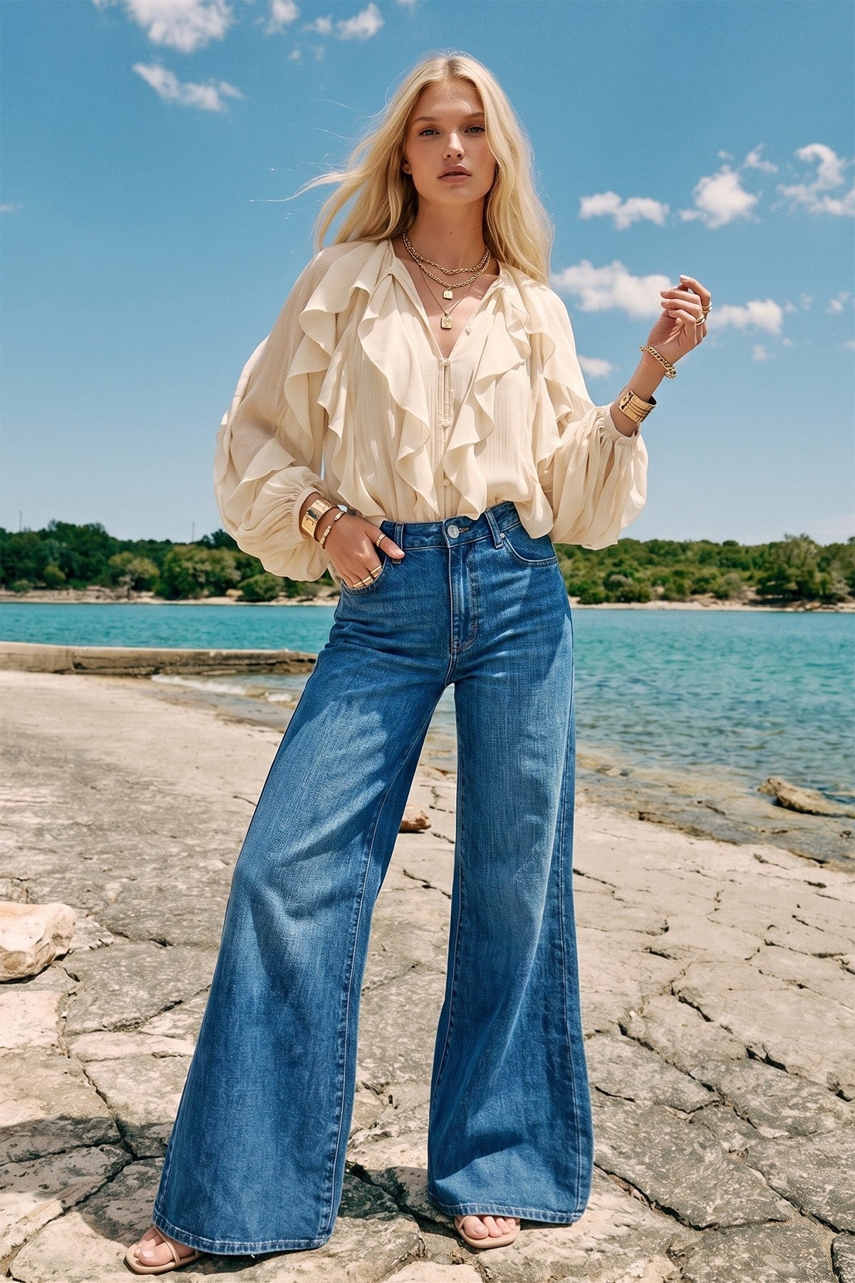 SHEER RUFFLED DETAIL BUTTON DOWN BLOUSE W1574TIA