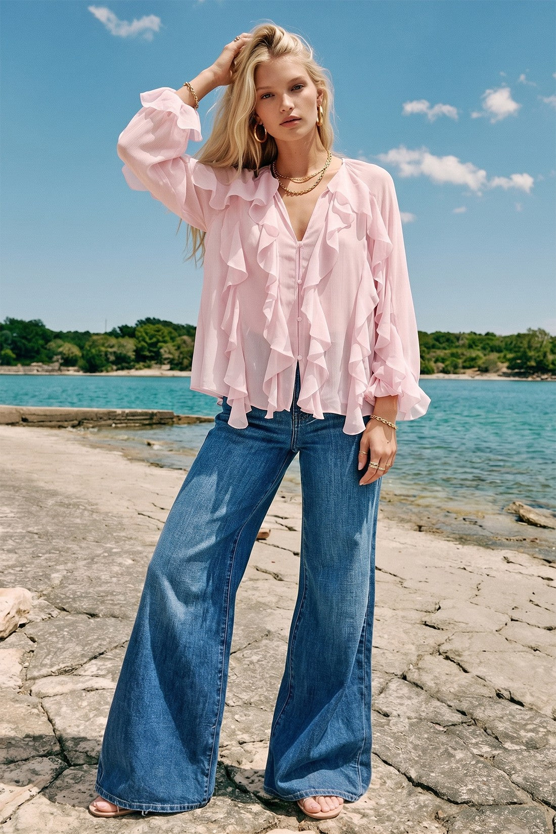 SHEER RUFFLED DETAIL BUTTON DOWN BLOUSE W1574TIA