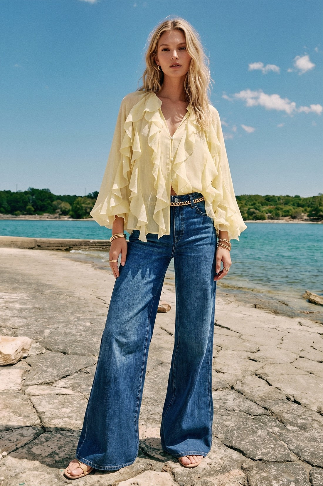SHEER RUFFLED DETAIL BUTTON DOWN BLOUSE W1574TIA