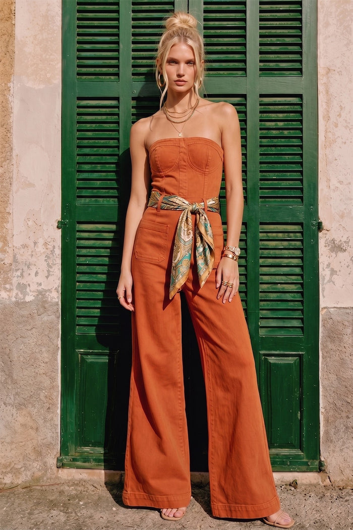 OFF SHOULDER WIDE LEG DENIM JUMPSUIT W4406RIC
