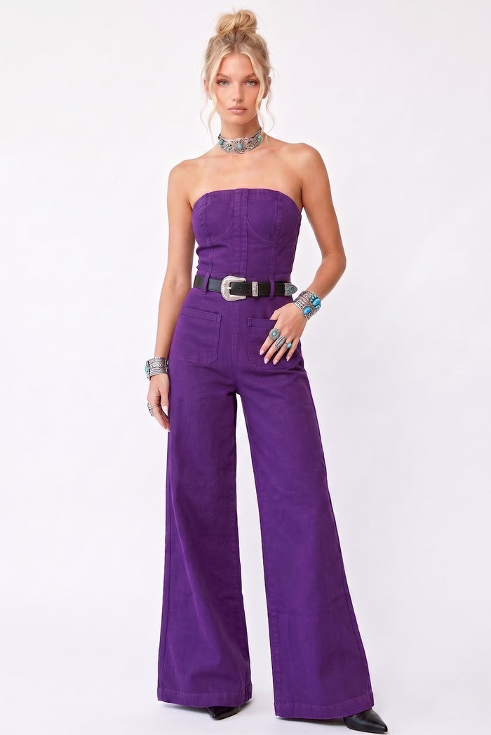 OFF SHOULDER WIDE LEG DENIM JUMPSUIT W4406RIC