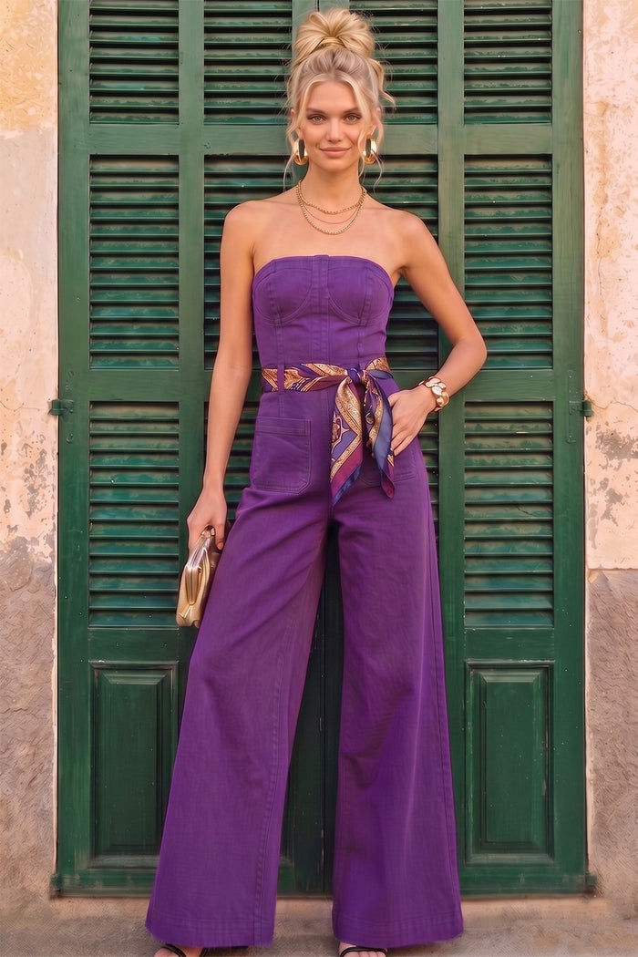 OFF SHOULDER WIDE LEG DENIM JUMPSUIT W4406RIC