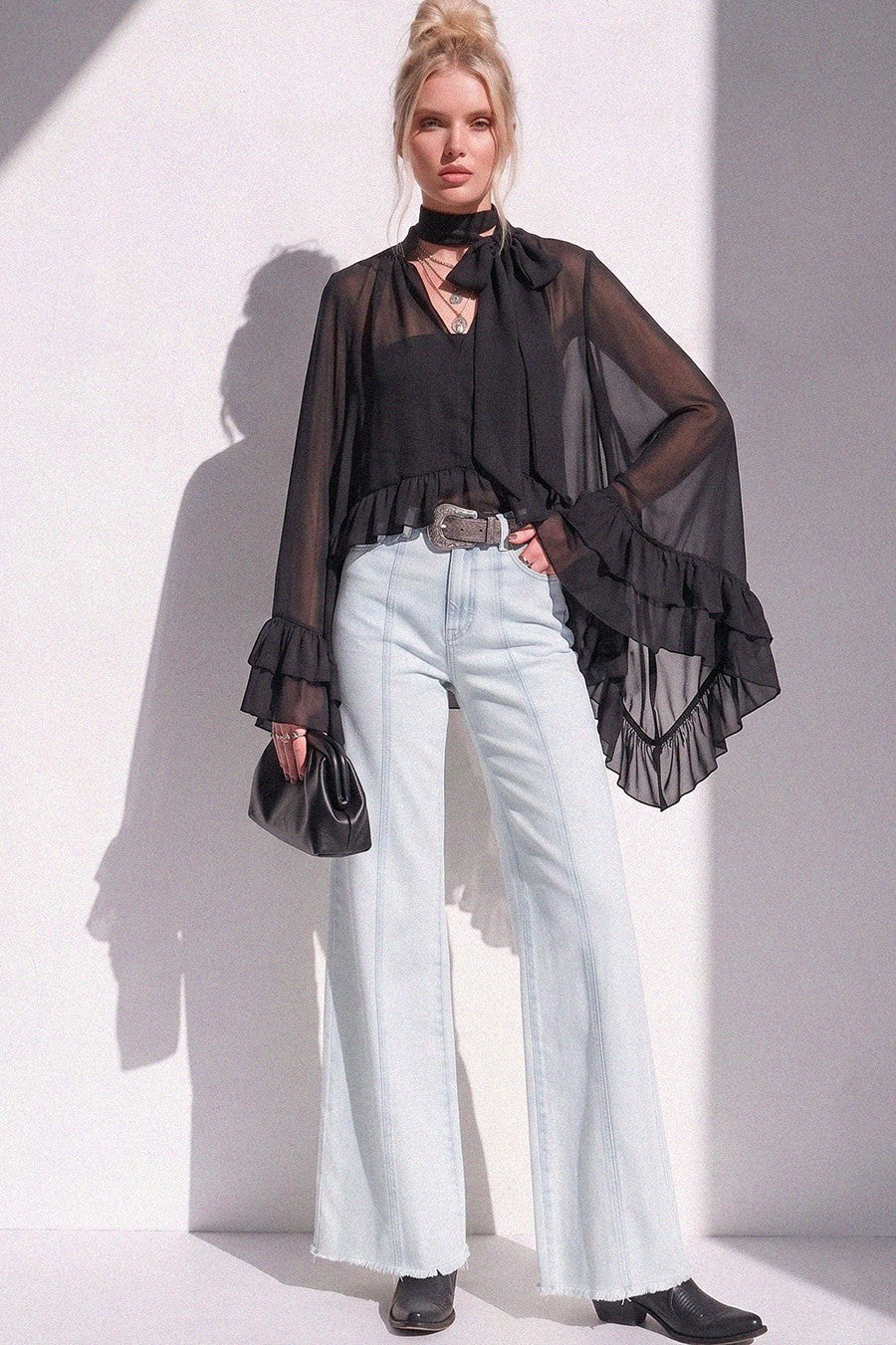 RUFFLED BLOUSE WITH MOCK NECK AND LONG ASYMMETRICAL SIDES W1566TIA