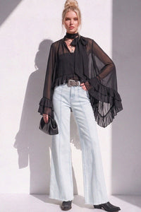 RUFFLED BLOUSE WITH MOCK NECK AND LONG ASYMMETRICAL SIDES W1566TIA