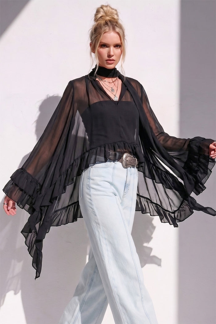 RUFFLED BLOUSE WITH MOCK NECK AND LONG ASYMMETRICAL SIDES W1566TIA