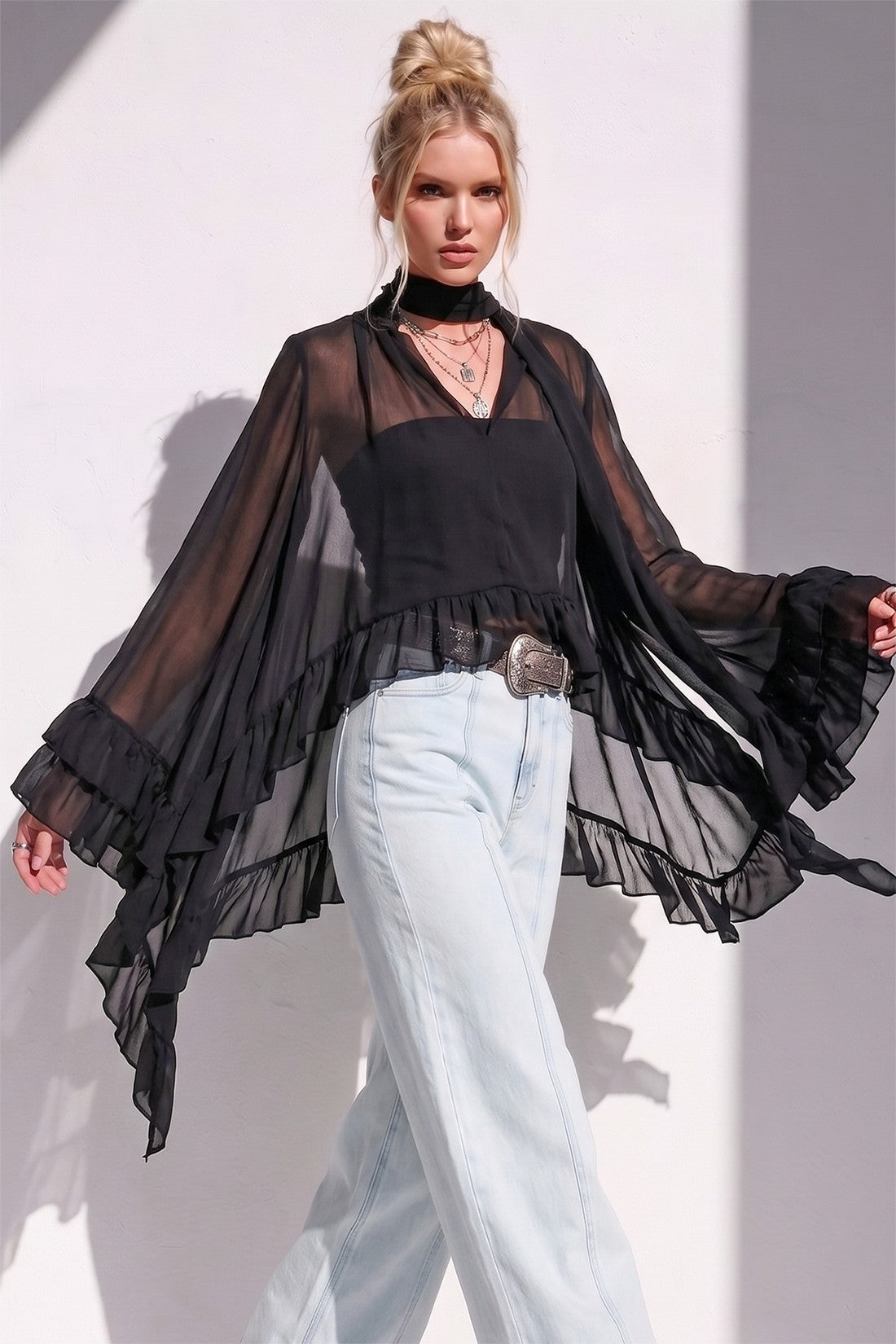 RUFFLED BLOUSE WITH MOCK NECK AND LONG ASYMMETRICAL SIDES W1566TIA