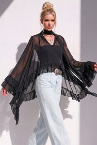 RUFFLED BLOUSE WITH MOCK NECK AND LONG ASYMMETRICAL SIDES W1566TIA