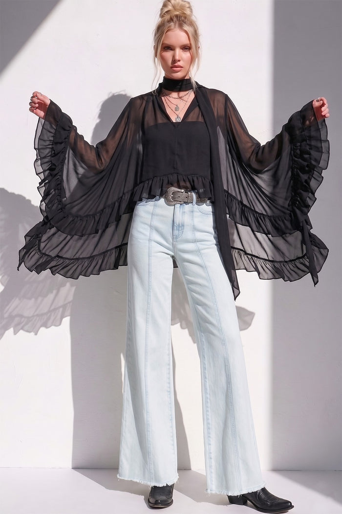 RUFFLED BLOUSE WITH MOCK NECK AND LONG ASYMMETRICAL SIDES W1566TIA