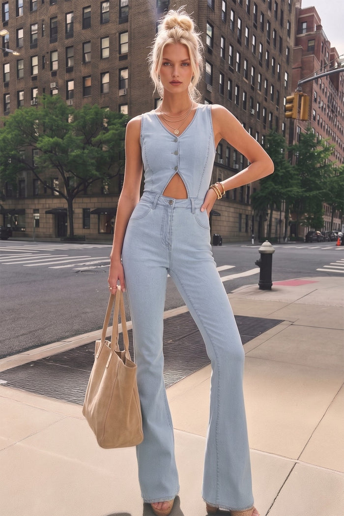 CUT OUT BOOTCUT DENIM JUMPSUIT W4441RIA
