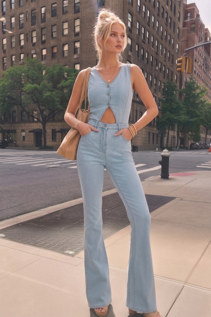 CUT OUT BOOTCUT DENIM JUMPSUIT W4441RIA