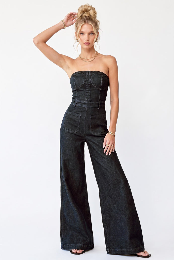 OFF SHOULDER WIDE LEG DENIM JUMPSUIT W4406RIA