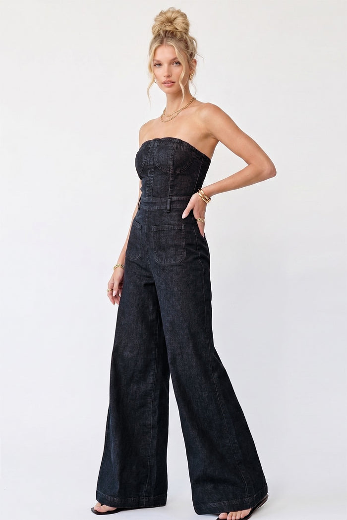 OFF SHOULDER WIDE LEG DENIM JUMPSUIT W4406RIA