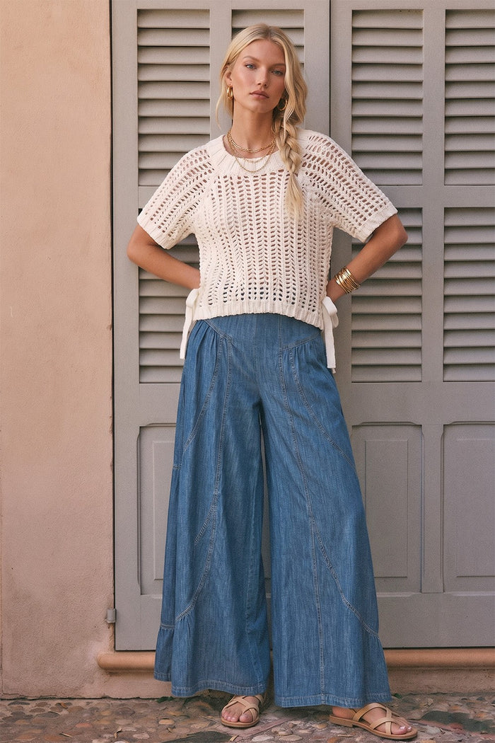 BOHO WIDE LEG DENIM TIERED PALAZZO PANTS W2433PIA