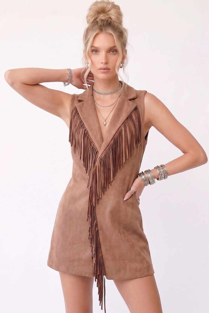 FAUX SUEDE FRINGED SLEEVELESS BLAZER LONGLINE VEST W2124JIA