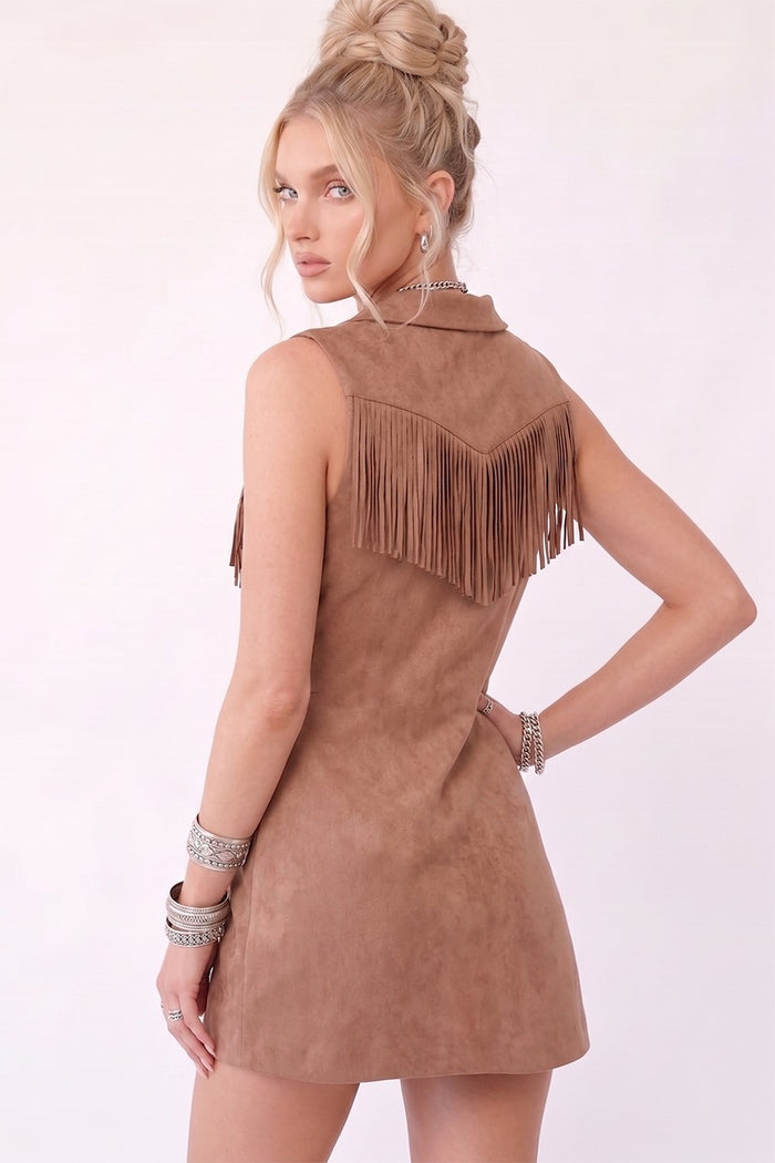 FAUX SUEDE FRINGED SLEEVELESS BLAZER LONGLINE VEST W2124JIA