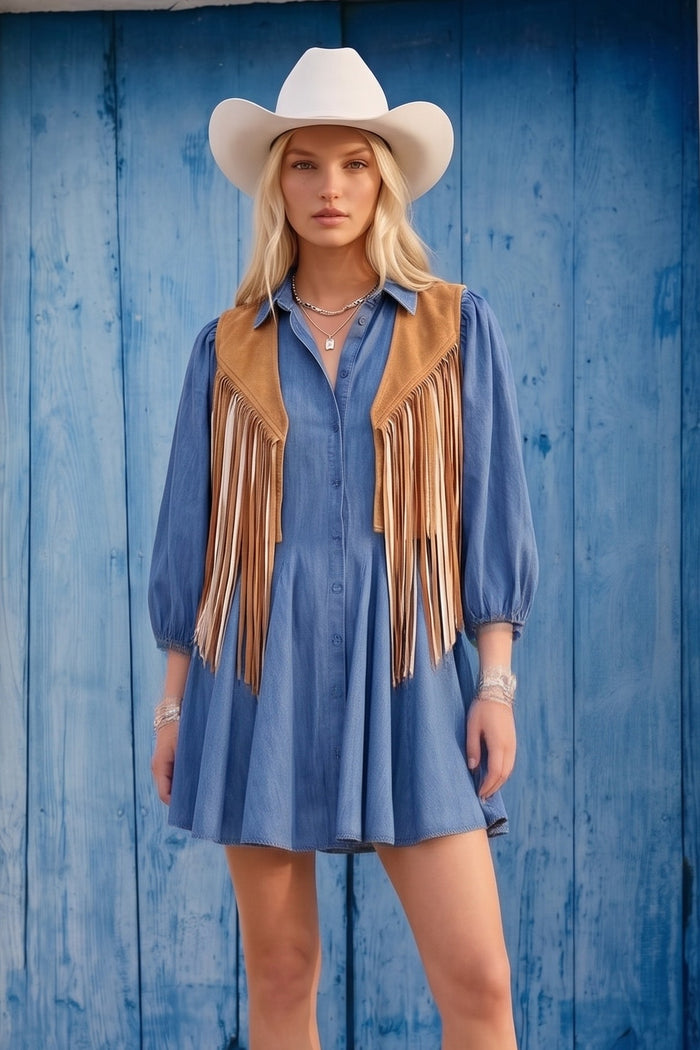 WESTERN 2TONE FRINGED FAUX SUEDETTE VEST W6408JIA