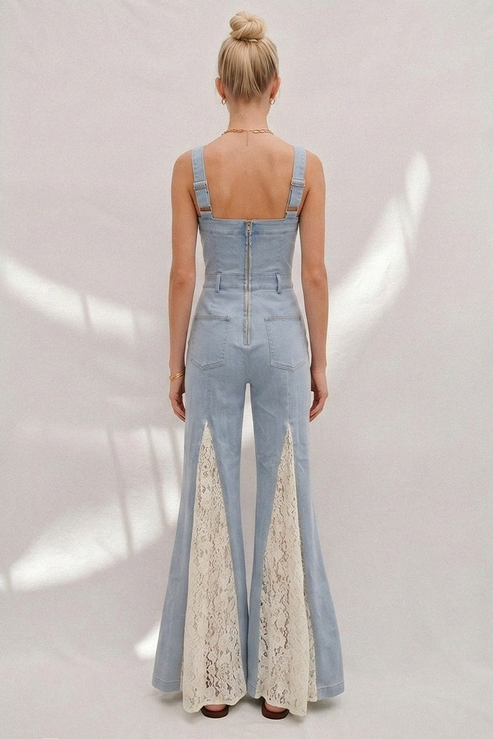 WIDE LEG FULL LENGTH DENIM JUMPSUIT WITH LACE CONTRAST W4446RIA