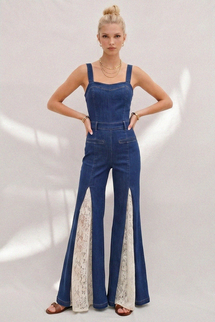 WIDE LEG FULL LENGTH DENIM JUMPSUIT WITH LACE CONTRAST W4446RIA