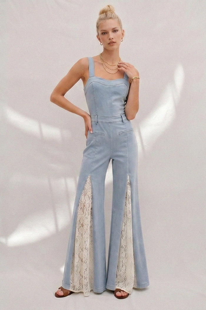WIDE LEG FULL LENGTH DENIM JUMPSUIT WITH LACE CONTRAST W4446RIA