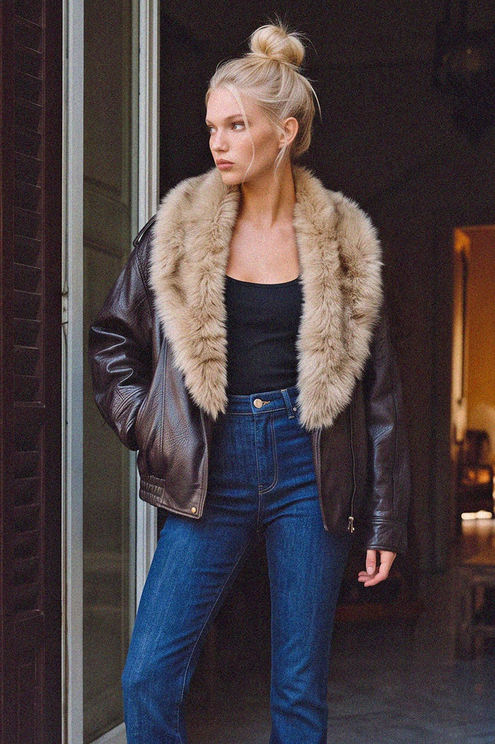 OVERSIZED FAUX LEATHER BOMBER JACKET W/ DETACHABLE FUR W6216JIA