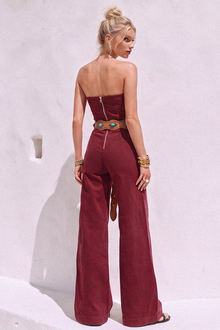 OFF SHOULDER WIDE LEG DENIM JUMPSUIT W4406RIC