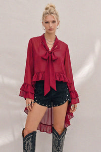 RUFFLED BLOUSE WITH MOCK NECK AND LONG ASYMMETRICAL SIDES W1566TIA