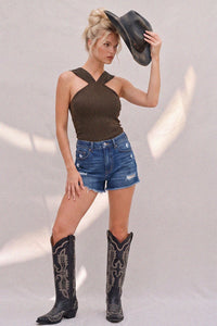 SHEER RIBBED LUXE HALTER DETAIL SLEEVELESS TOP W1567TA