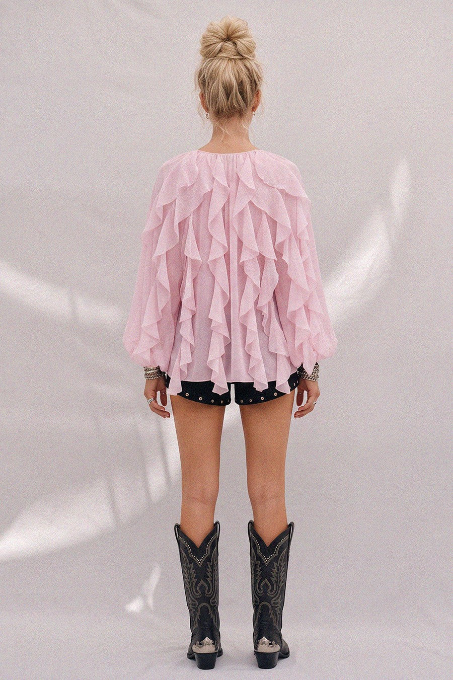 SHEER RUFFLED DETAIL BUTTON DOWN BLOUSE W1574TIA