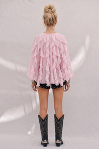 SHEER RUFFLED DETAIL BUTTON DOWN BLOUSE W1574TIA