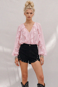 SHEER RUFFLED DETAIL BUTTON DOWN BLOUSE W1574TIA