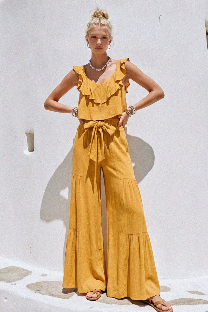 BOHO LINEN WIDELEG PALAZZO PANTS WITH WAIST SASH W2314PIA