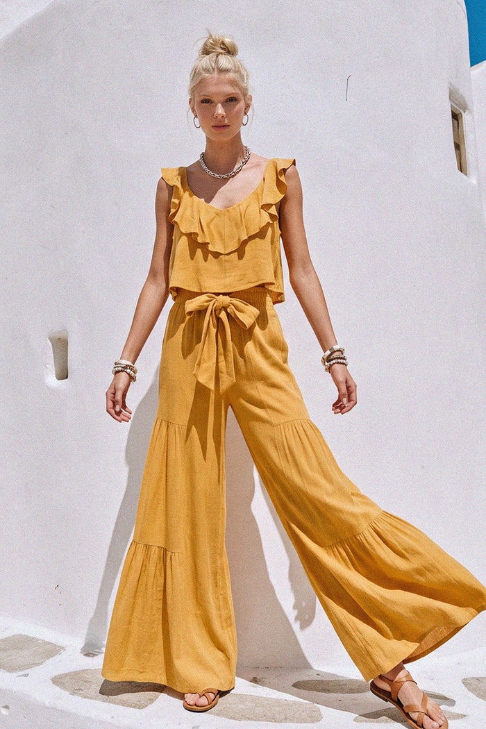 BOHO LINEN WIDELEG PALAZZO PANTS WITH WAIST SASH W2314PIA
