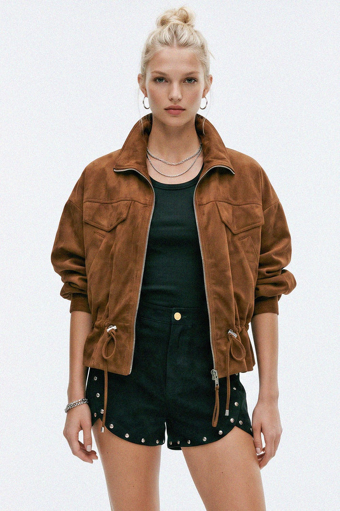 FAUX SUEDE CROPPED BOMBER JACKET WITH DRAWSTRING FEATURE W6221JIA