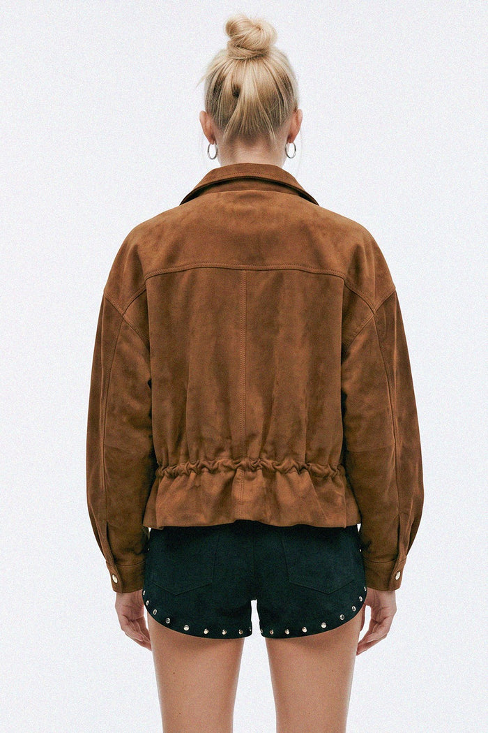 FAUX SUEDE CROPPED BOMBER JACKET WITH DRAWSTRING FEATURE W6221JIA